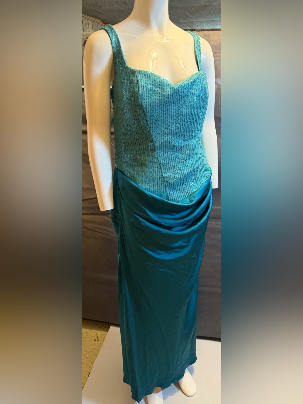 Teal Sequin & Satin Evening Gown - Elegant Strappy Dress